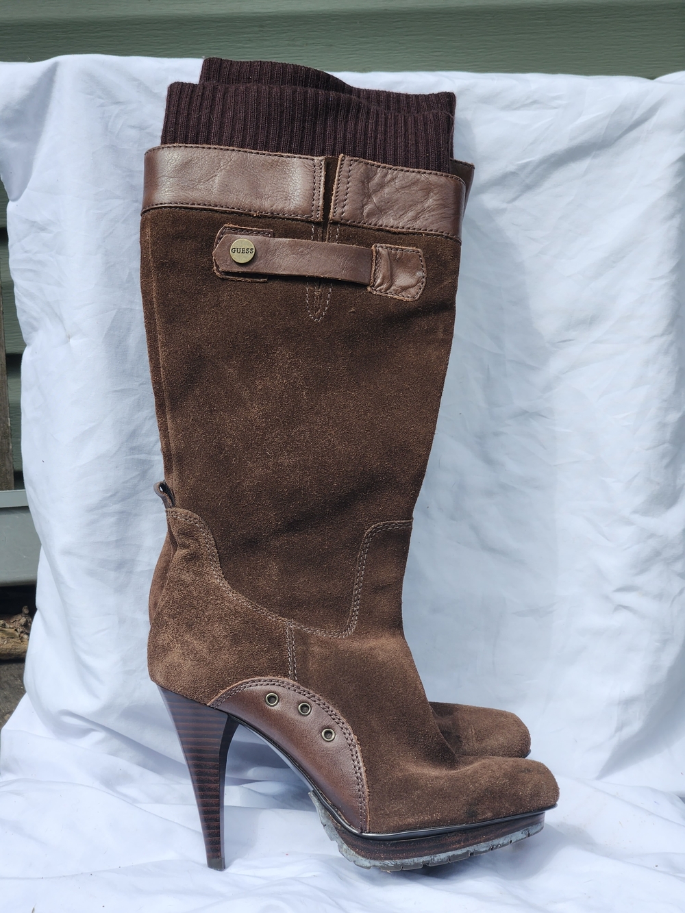 Guess Brown Suede Knee-High Heeled Boots with Leather Trim and Ribbed Cuff